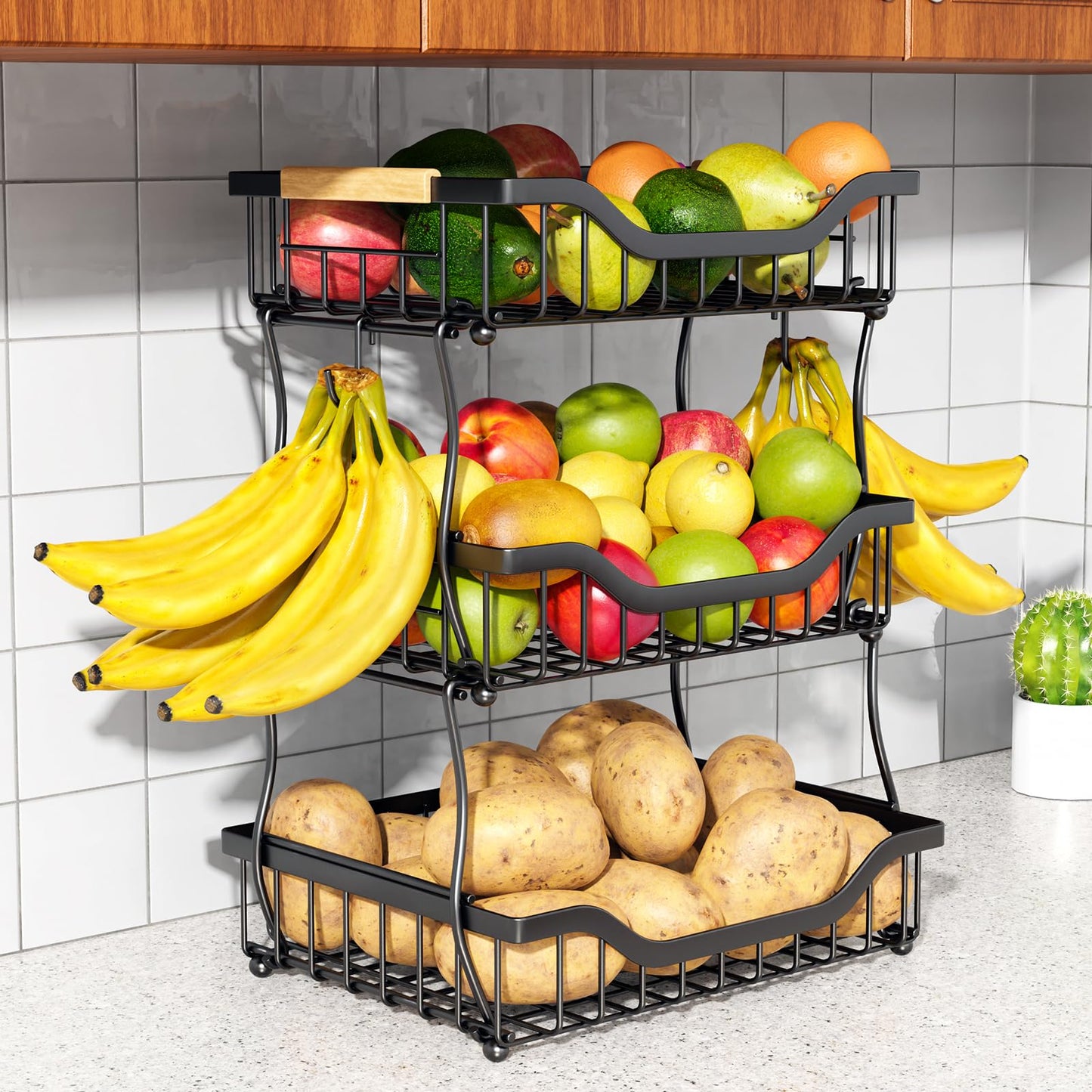 OKZEST 3-Tier Fruit Basket for Kitchen Counter with 2 Banana Hangers, Countertop Organizer Fruit Bowls, Fruit Storage Basket Stand with Handle for Storage Potato Onion Bread Snack Fruit Veggie