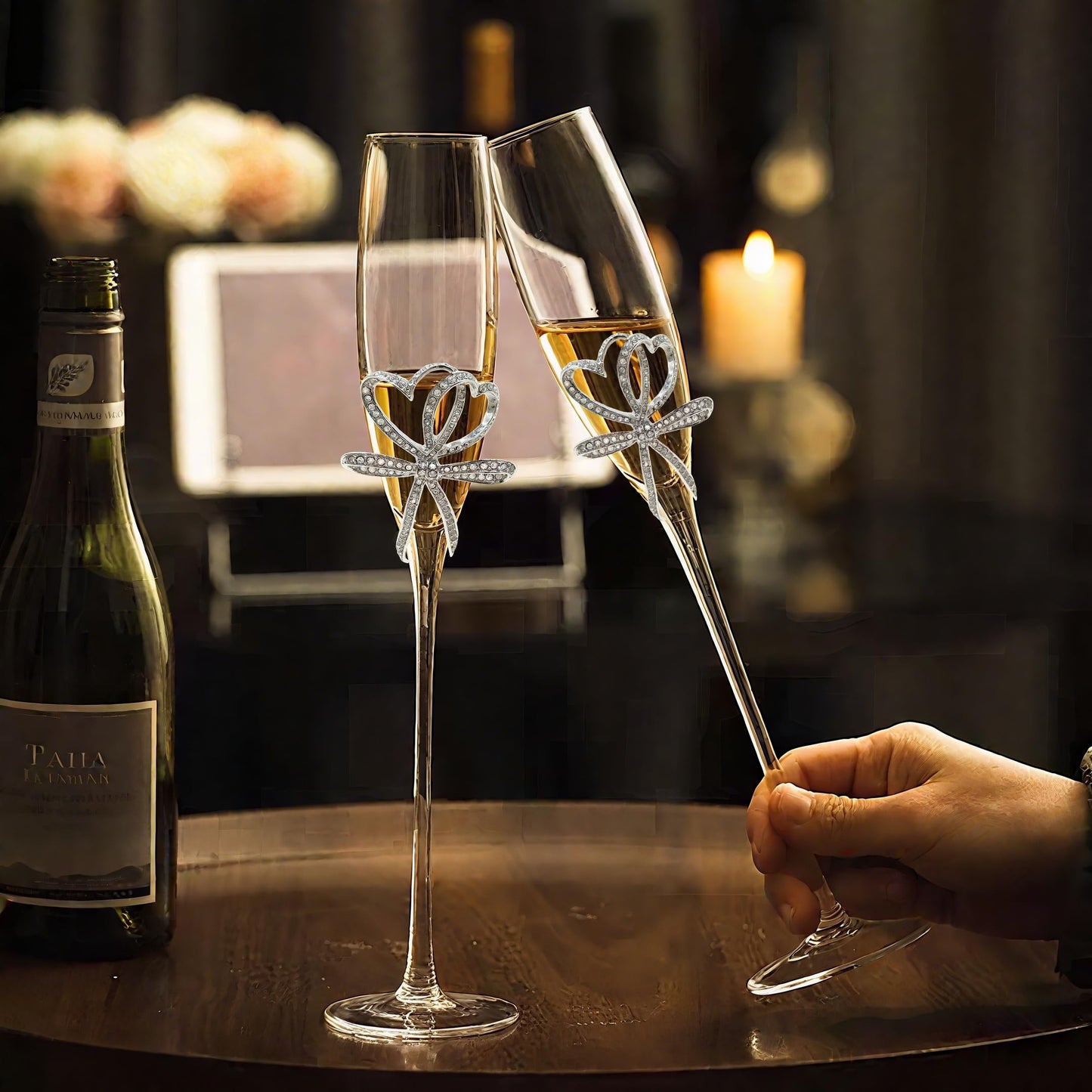 Jozen Gift Silver Champagne Flutes - Set of 2 Hand Blown Champagne Glasses wtih Metal Accent DOUBLE HEARTS- Gifts for Birthday,Wedding, Mother’s Day - 6 oz (Modern, Silver)