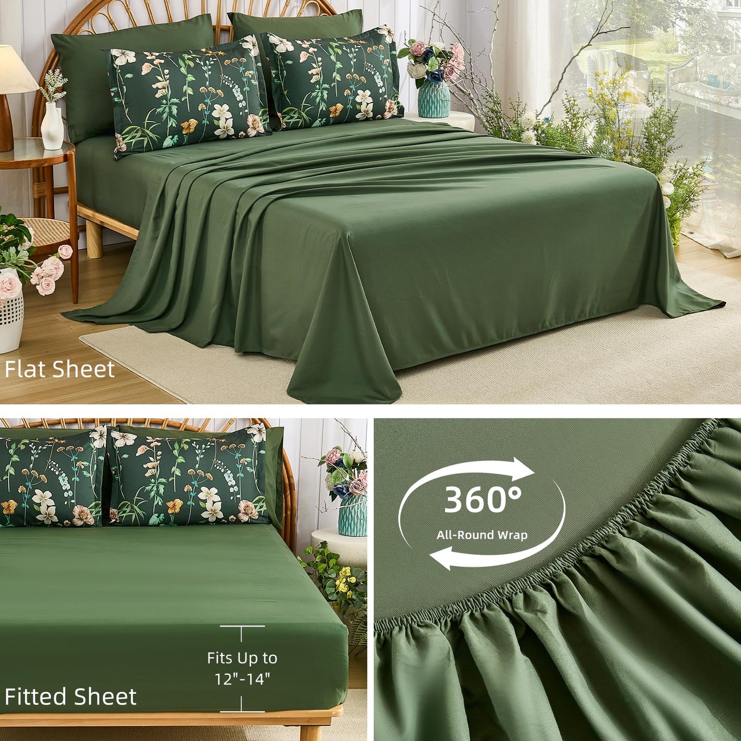 DJY Queen Comforter Set, Green Botanical Floral Bedding Comforter Sets Queen Size for All Seasons, 7 Pieces Bed in a Bag Lightweight Microfiber Comforter Set with Sheets Pillowcases & Shams