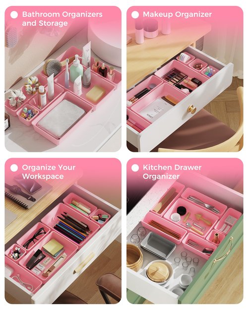 BiuLeon 25 PCS Plastic Drawer Organizers Set, 4-Sizes Vanity and Makeup Organizer, Desk and bathroom Drawer Organizer Trays, Organizers and Storage for Makeup, Jewelry, Gadgets, Utensils (Pink)