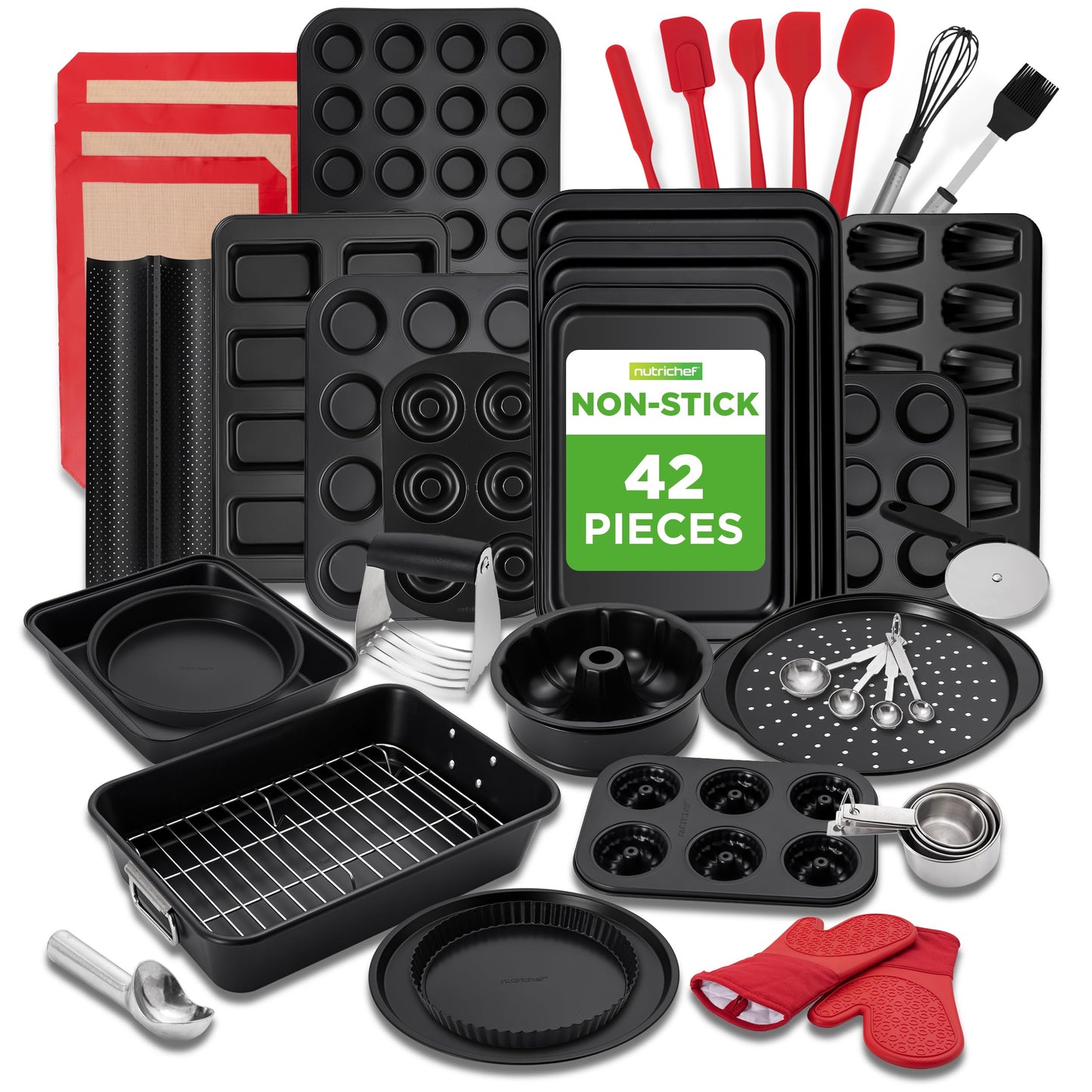 NutriChef 42-Piece Ultimate Nonstick Bakeware Set - Carbon Steel Baking Pans, Everyday Baking Tools, Oven Mitts, & More - Ideal for Baking Delicious Savory & Sweet Treats - Complete Set for Bakers