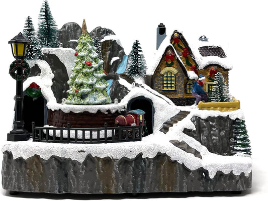 allgala Christmas Village House Crafted Polyresin Christmas House Collectable Figurine with USB and Battery Dual Power Source-Moving Train and Santa-XH93447