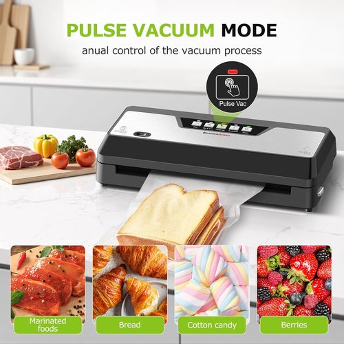 Bonsenkitchen Vacuum Sealer Machine - Multifunctional Food Sealer with Built-in Cutter & 5 Pre-Cut Bags, Black