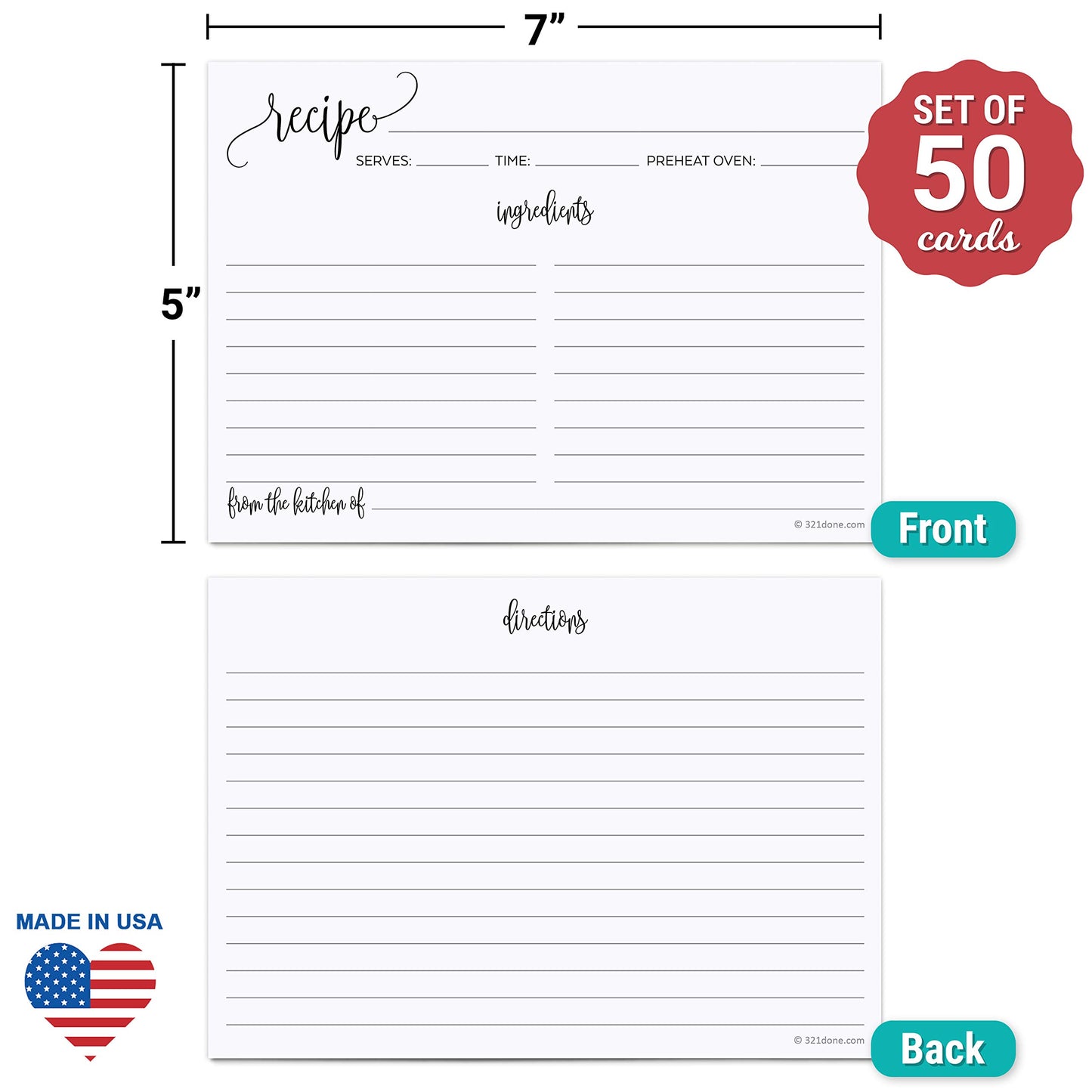 321Done Recipe Cards - Set of 50, Extra Large Double-Sided Thick 5x7 Modern White Recipe Cards, Minimalist Design for Bridal Shower & Wedding Gift, Made in USA