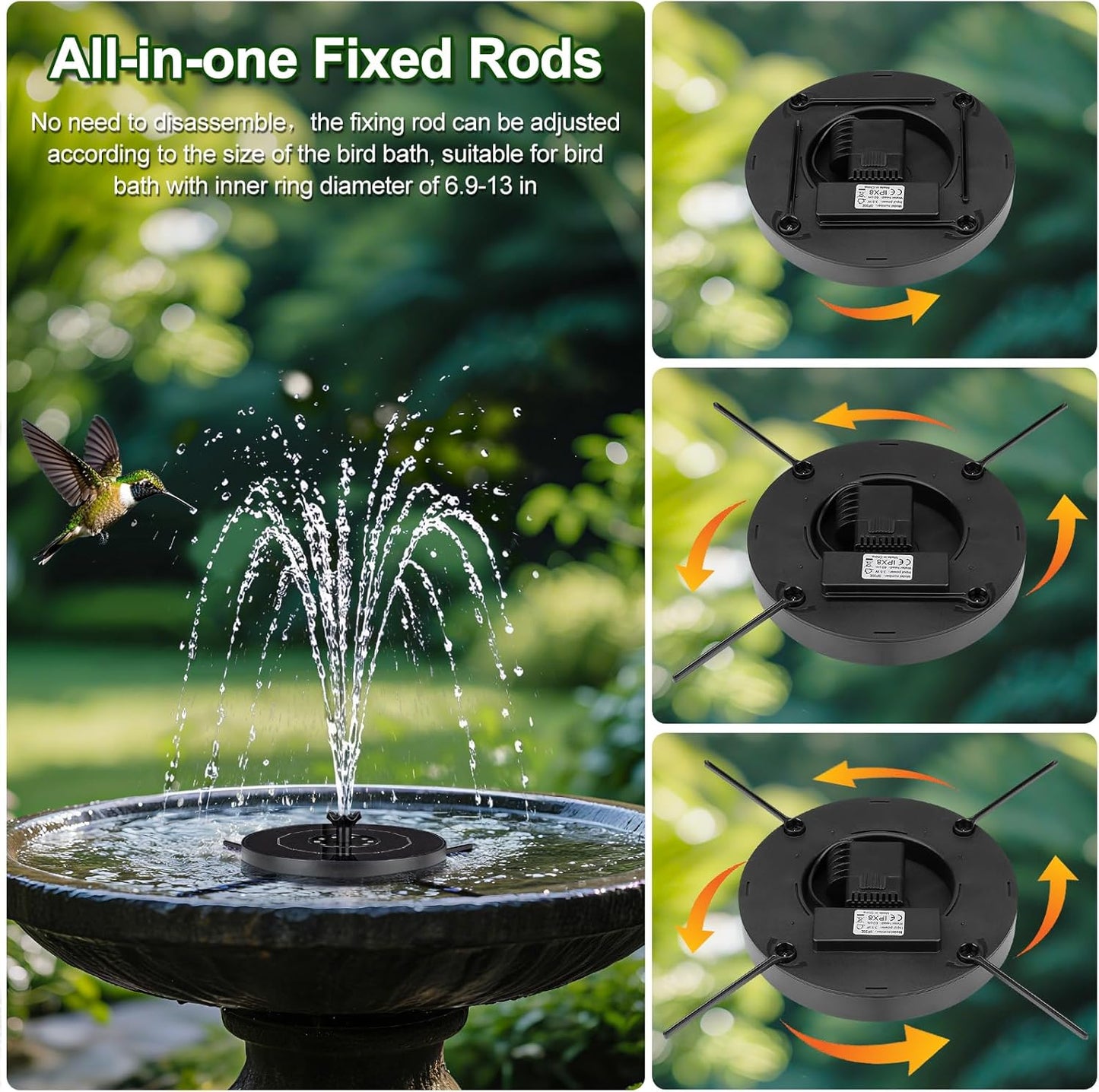 SEIRMEP Solar Fountain Pump - Upgraded Glass Bird Bath Fountain with LED Lights & 6 Nozzles | 3 Spray Heights