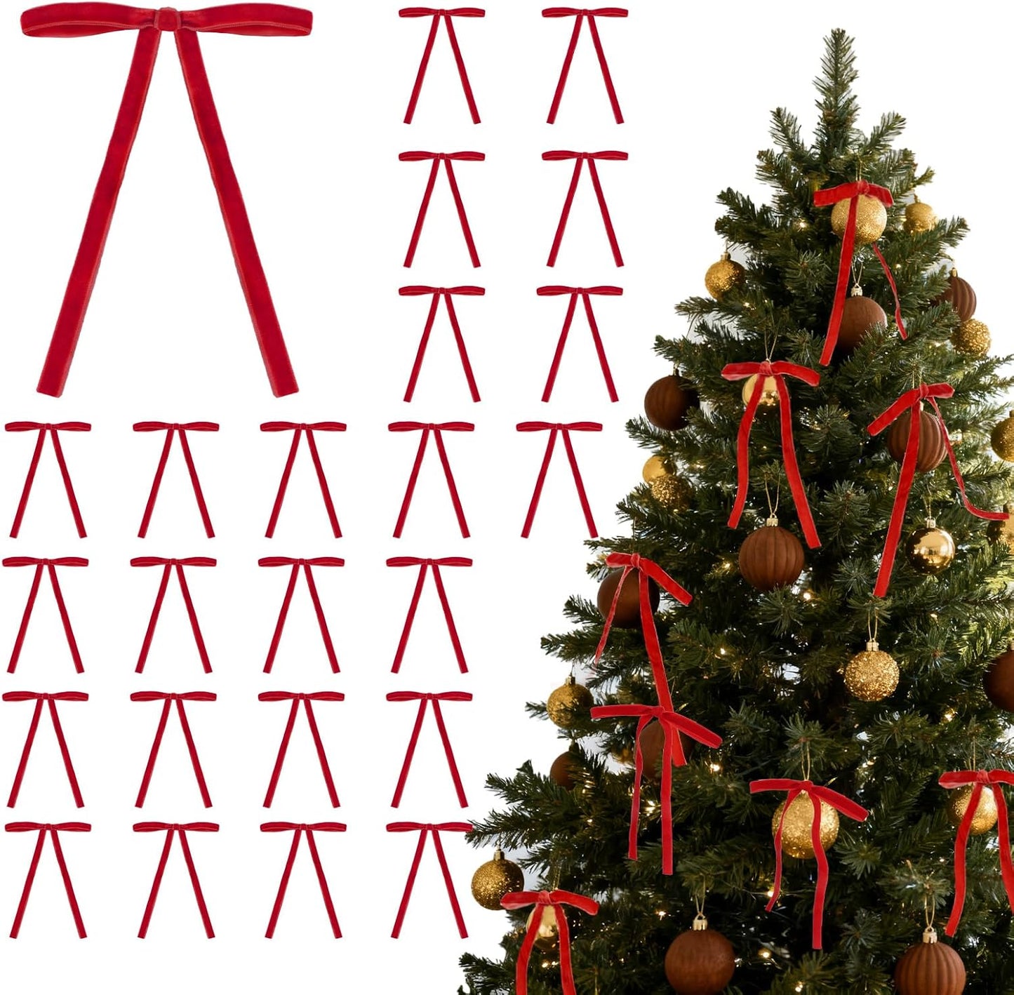 Regine Switzerland 24Pcs Velvet Bows - Red Christmas Tree Ornaments for Festive Decor