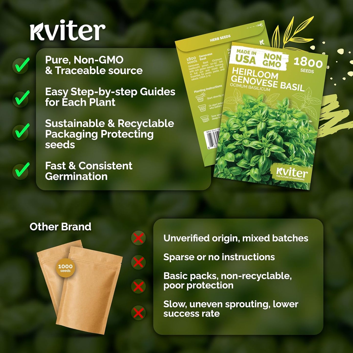 KVITER Genovese Basil Seeds - Classic Italian Herb for Kitchen Gardens | Non-GMO & Heirloom, Indoor/Outdoor