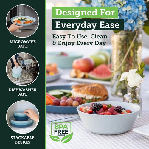 Grow Forward Premium Wheat Straw Plates and Bowls Sets - 8-Piece Wheat Straw Dinnerware Sets - Unbreakable & Reusable Microwave Safe Plastic Dinner Plates for Outdoors, RV, Camping Dishes - Seascape