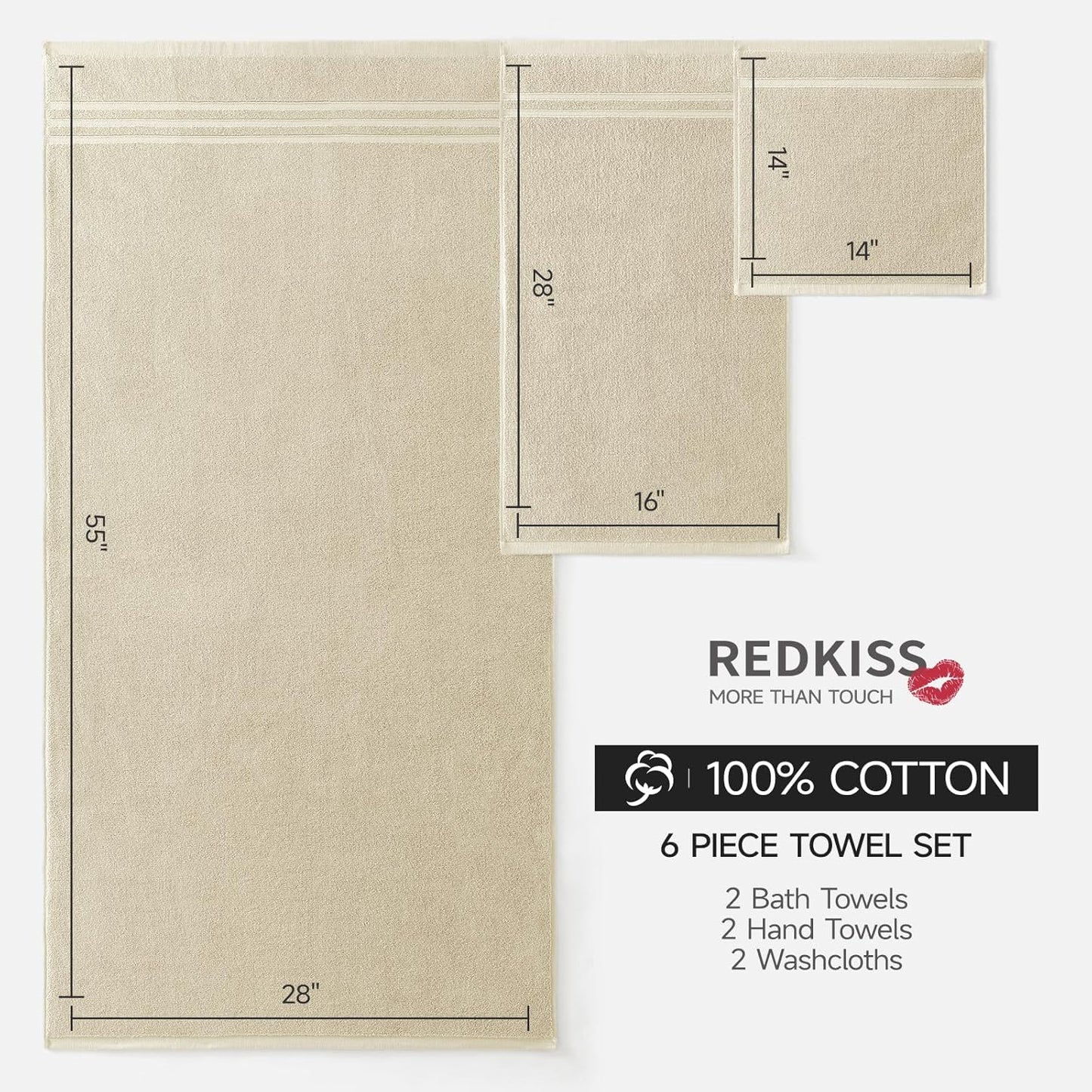 REDKISS 6-Piece Cotton Towel Set - Soft, Highly Absorbent Bath Towels in Beige | Hotel Quality 650GSM