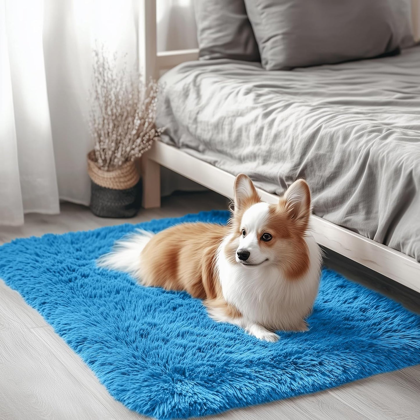 OLANLY Small Bedside Rug - Soft Fluffy Shaggy Indoor Carpet for Bedroom & Living Room | Bright Blue