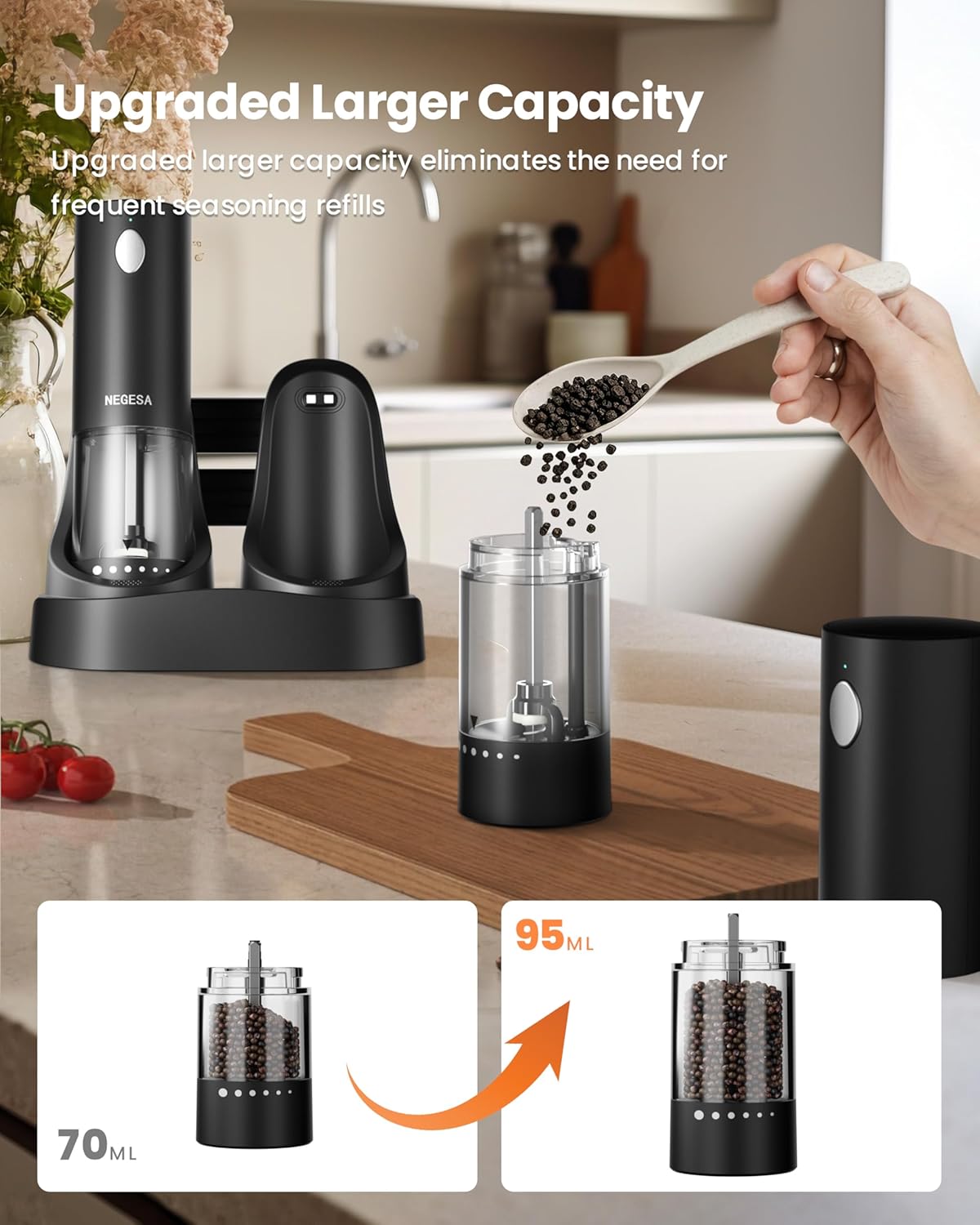 Skiennix Electric Salt and Pepper Grinder Set - Rechargeable Automatic Shakers with LED Light & Adjustable Coarseness, Black