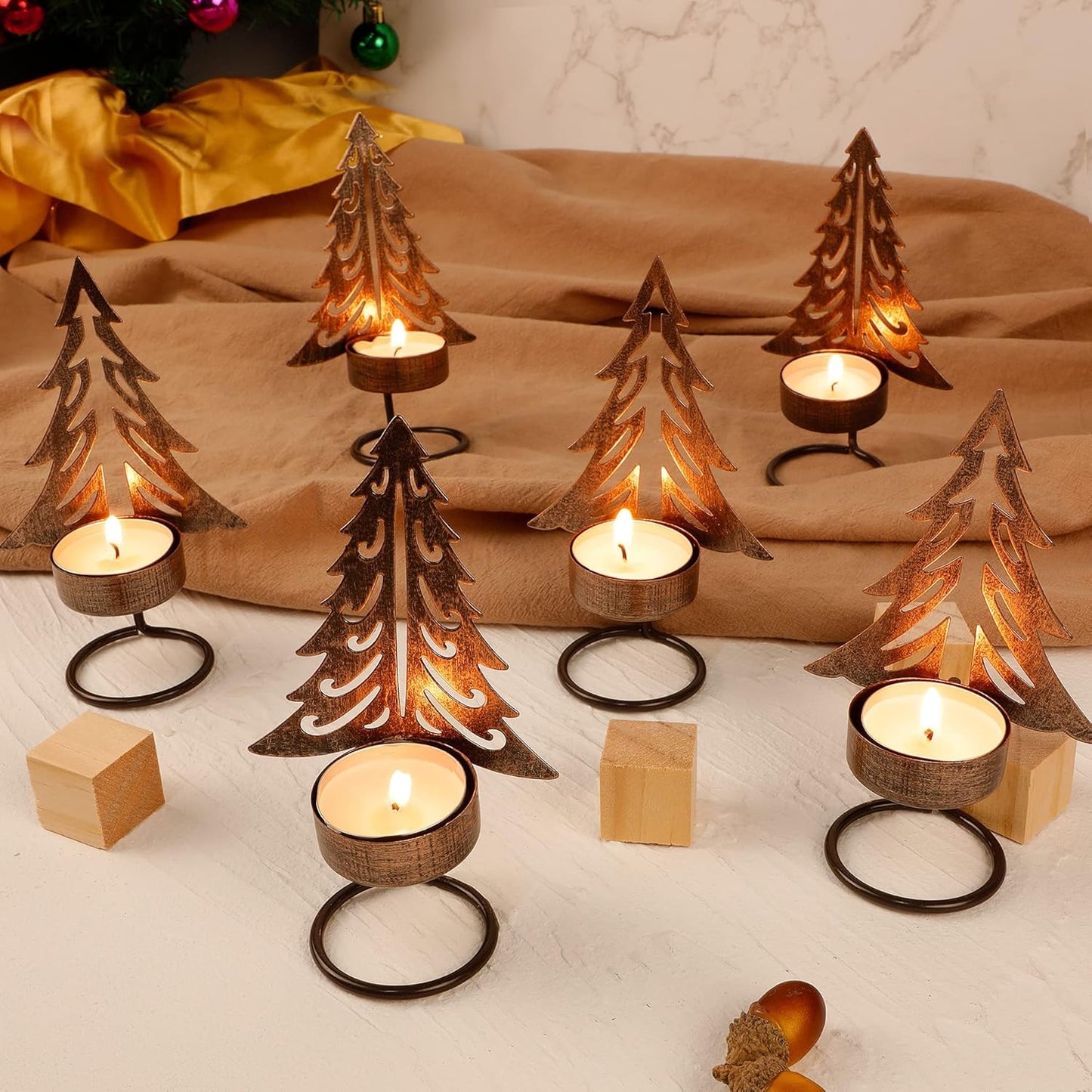 Juegoal Tea Light Candle Holders Set of 6 - Rust-Proof Metal Xmas Tree Centerpieces for Holiday Decor