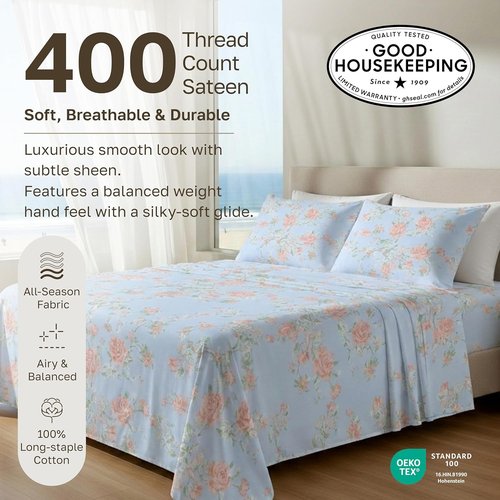 California Design Den Queen Bed Sheets Set - 400 TC Award-Winning Soft Cotton, Deep Pockets, Floral Blue/Pink