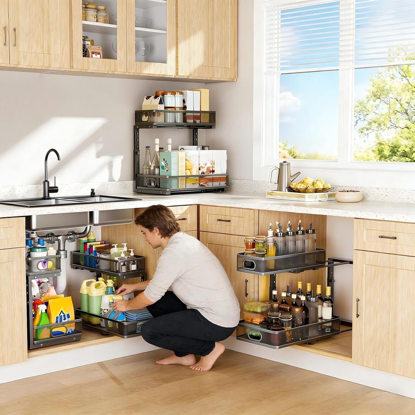Under Sink Organizer 2-Pack | Adjustable 2-Tier Metal Storage Drawers for Kitchen & Bathroom