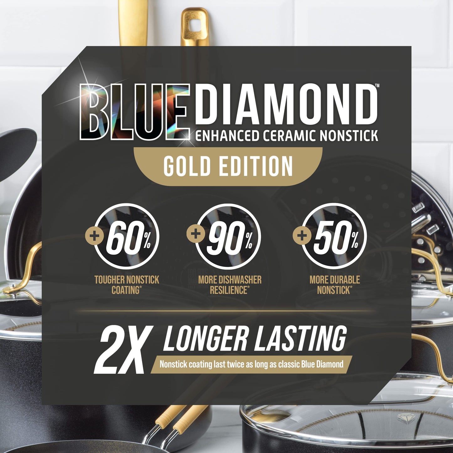 Blue Diamond 8" Nonstick Frying Pan Skillet, Diamond Infused PFAS & PTFE-Free Ceramic Pot, Dishwasher & Oven Safe, Gold Handle, Induction, Non Toxic Metal Utensil Safe, Egg & Omelet Pan, Black