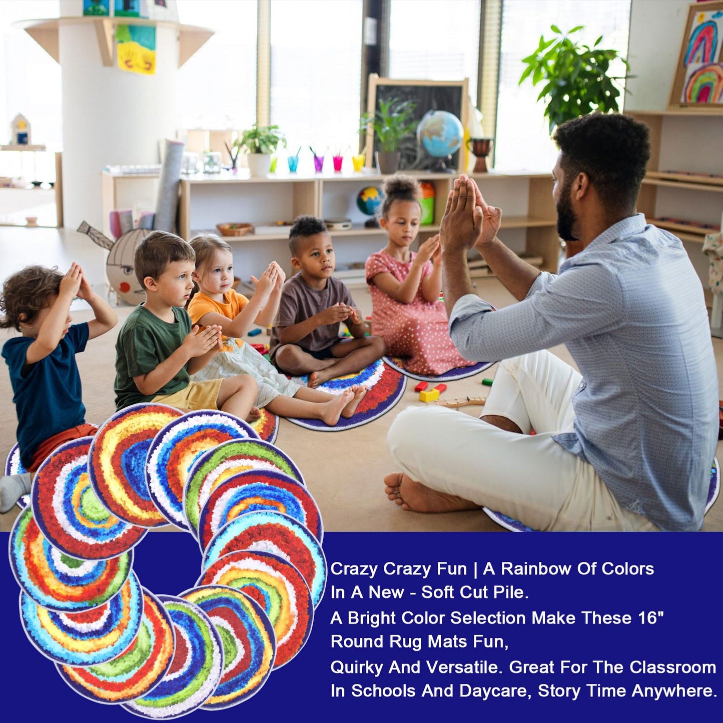 HiiARug Carpet Circles Kids Rug 16Inch Rainbow Crazy Carpet Circle Seats Preschool Classroom Accessories 12pcs Round Flexible Seats Group Activity Spots Marker for Classroom Kindergarden Playroom
