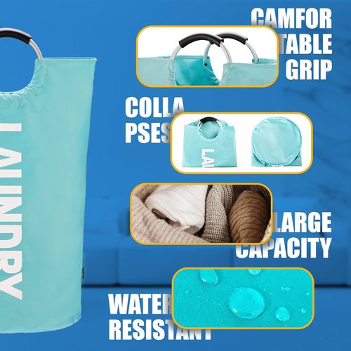 Caroeas 125L Laundry Basket - Large Collapsible Hamper with Padded Handles | Light Blue