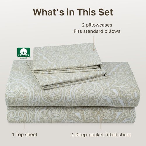 California Design Den 100% Cotton Queen Sheets - 400 TC Award-Winning Sateen Finish, Deep Pockets, Paisley Beige
