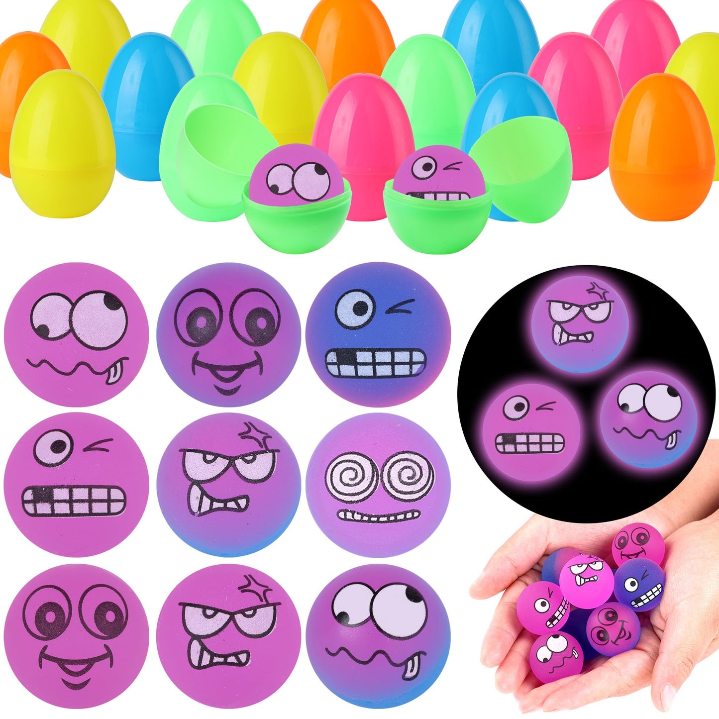 Seeiuua 18Pack Prefilled Easter Eggs with Toys， Easter Glow in The Dark Bouncy Balls Bulk Easter Basket Stuffers Gifts for Kids, Easter Eggs Filled with Toys for Kids Easter Egg Toys