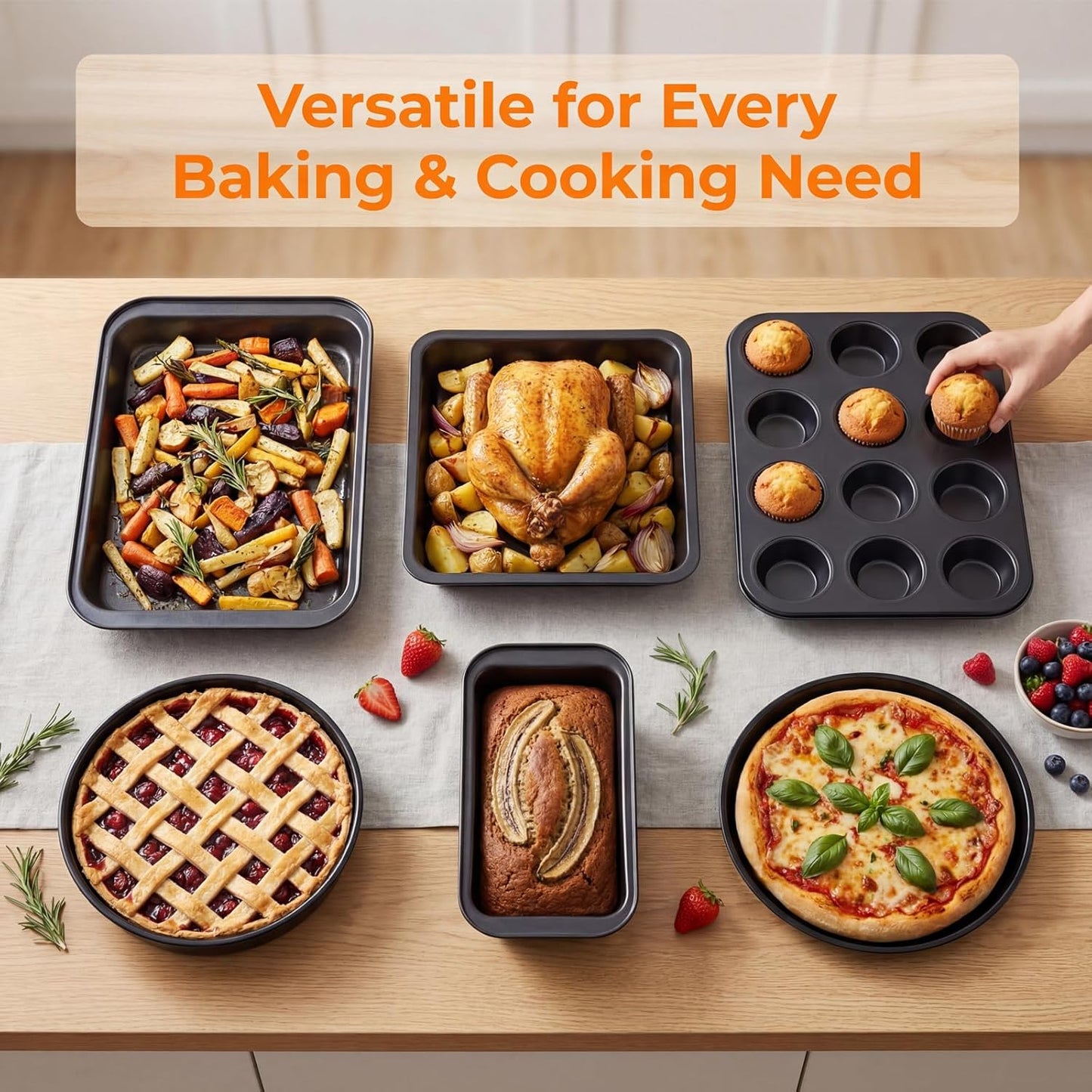 Skiennix Nonstick Baking Set - 6-Piece Bakeware Set with Roasting Pan, Cookie Sheet & More | Oven & Dishwasher Safe