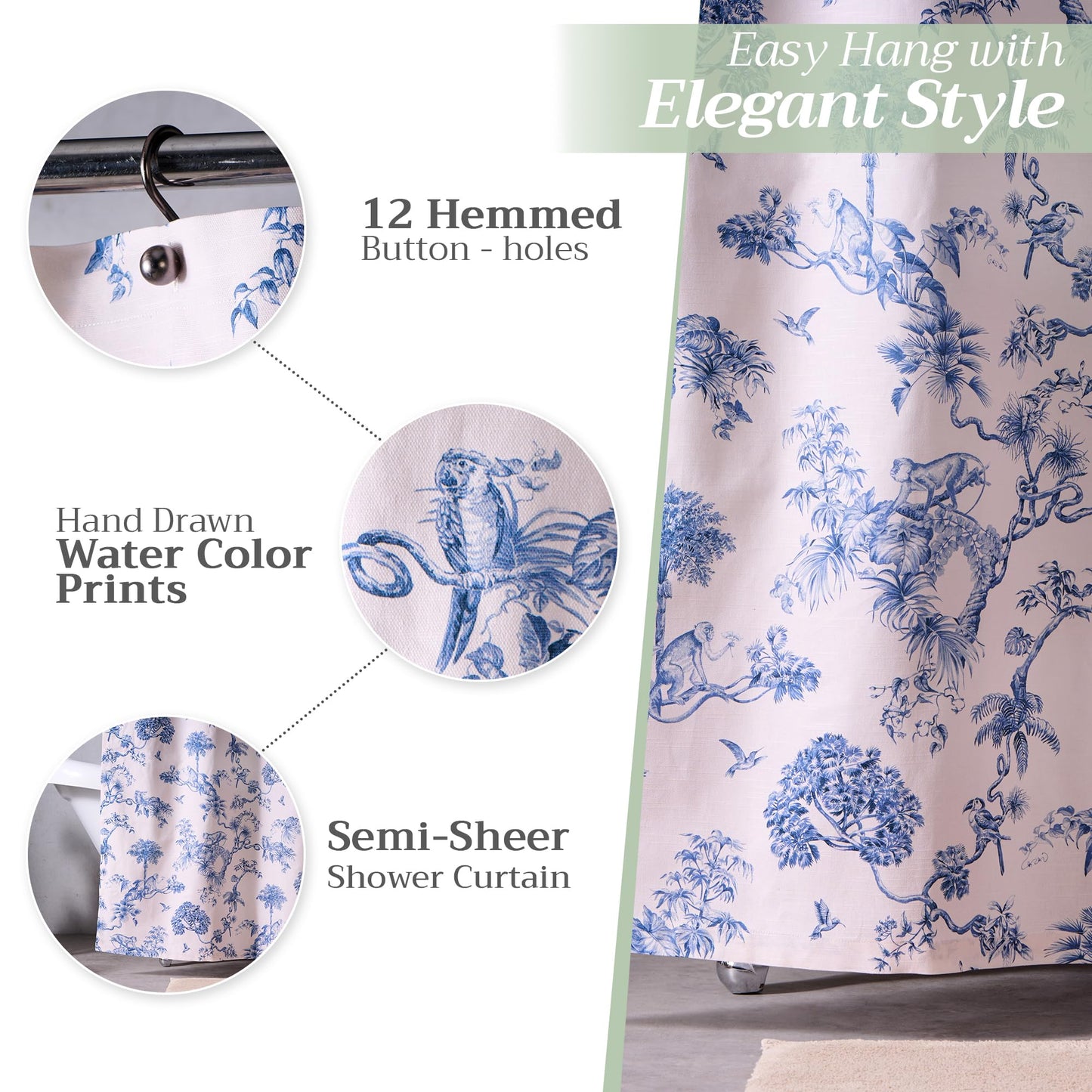 Maison d' Hermine Shower Curtain 100% Cotton One Panel 70"x72" Washable Fabric Shower Curtains for Bathroom, Easy Hanging with 12 Button Holes - Home Hotel Spa Gifts for Mothers Day (Bonobo - Blue)