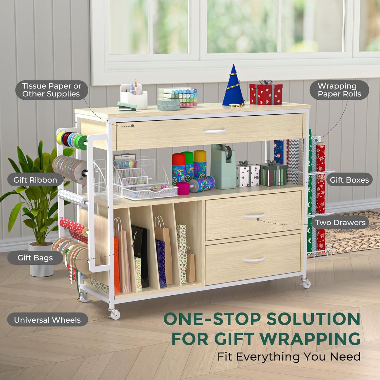 Skiennix Wrapping Paper Organizer - Stylish Craft Cart with Ribbon & Gift Bag Storage | Oak Finish, 3 Drawers