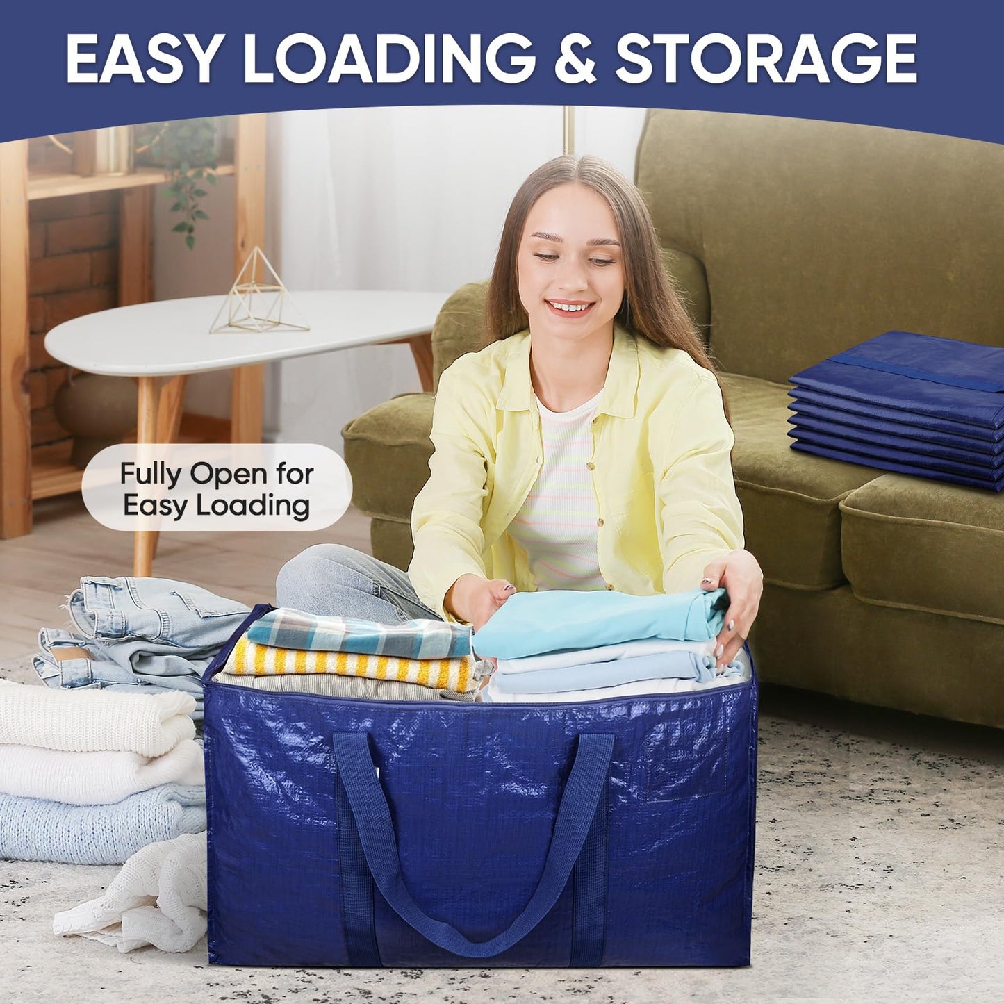 TICONN 4 Pack Extra Large Moving Bags Heavy Duty with Zippers & Carrying Handles, Durable Storage Bags Moving Boxes for Closet Organizers and Storage (4 Pack, Navy)