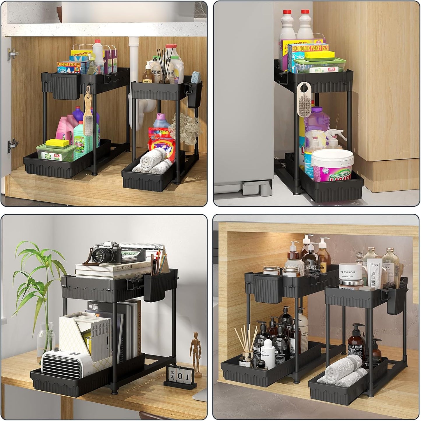 Sevenblue Under Sink Organizer - 2 Tier Multi-Use Pull Out Cabinet Storage with Hooks & Cups | Black, 2 Pack