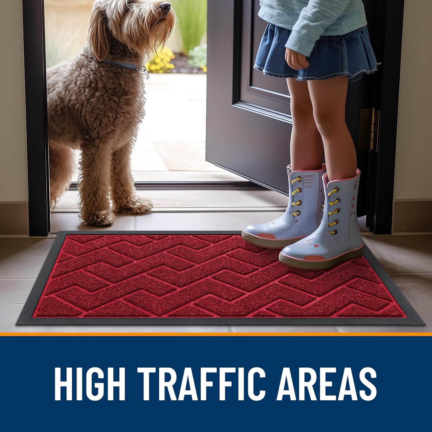 OLANLY Waterproof Front Door Mat - All-Season Herringbone Design | Easy Clean Natural Rubber, Wine Red (47x17)