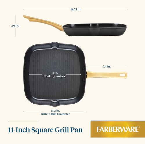Farberware Forged Induction Ceramic Cookware - Nonstick 11-Inch Square Grill Pan | Dishwasher Safe, Black & Gold