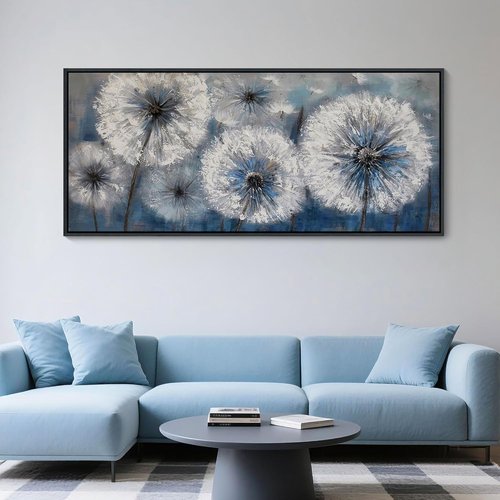 Blue Dandelion Canvas Wall Art - Large Modern White Flower Print for Living Room Decor
