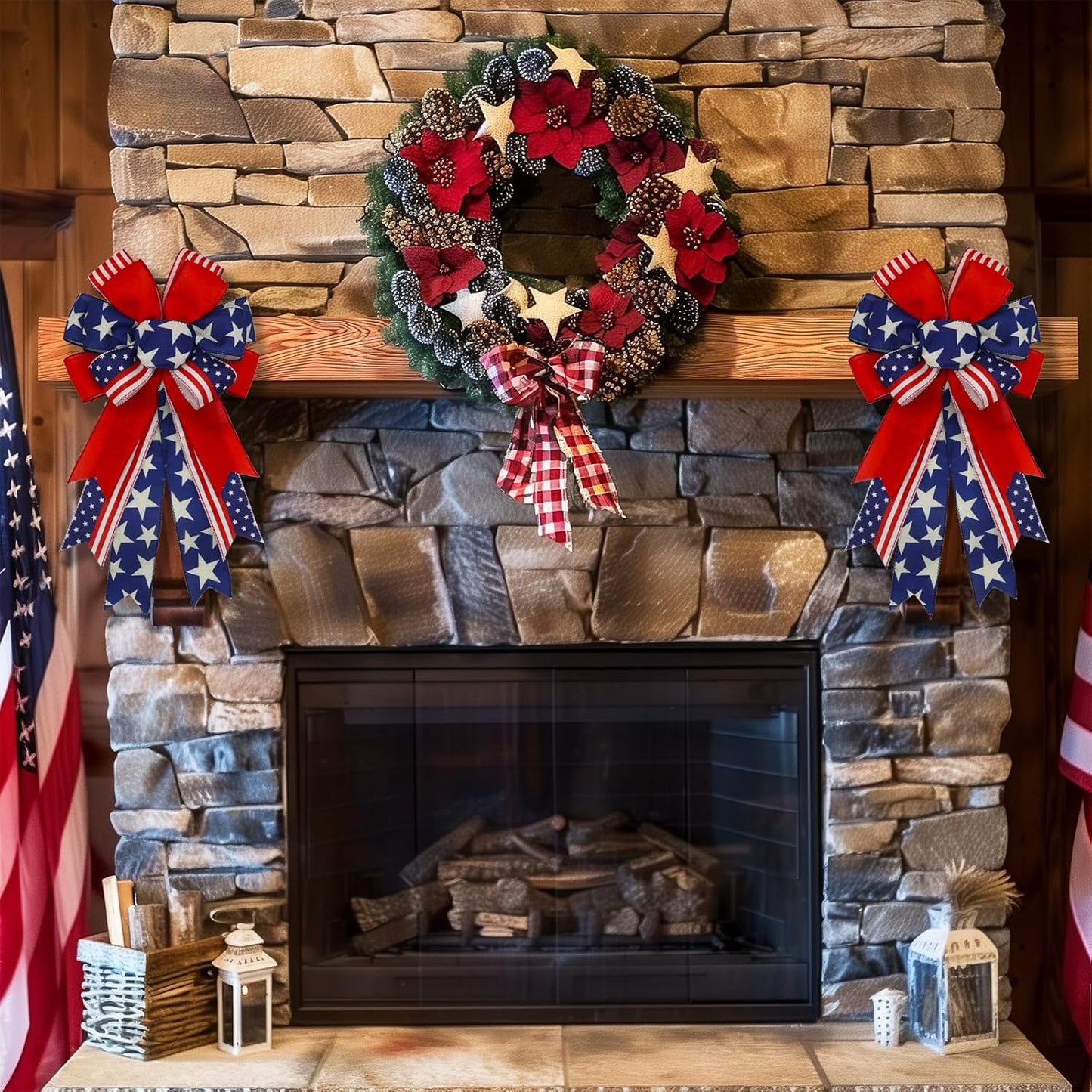 Patriotic 4th of July Bows by [Brand Name] - Pre-Tied Wired Ribbon Bows, 20x11 Inch, 2 Pack for Outdoor Decor