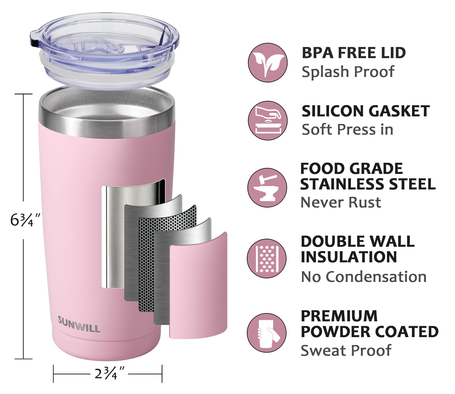 SUNWILL Travel Coffee Tumbler 20 oz, Insulated Mug with Lid, Stainless Steel Cup for Hot and Cold Drinks, Powder Coated Sakura