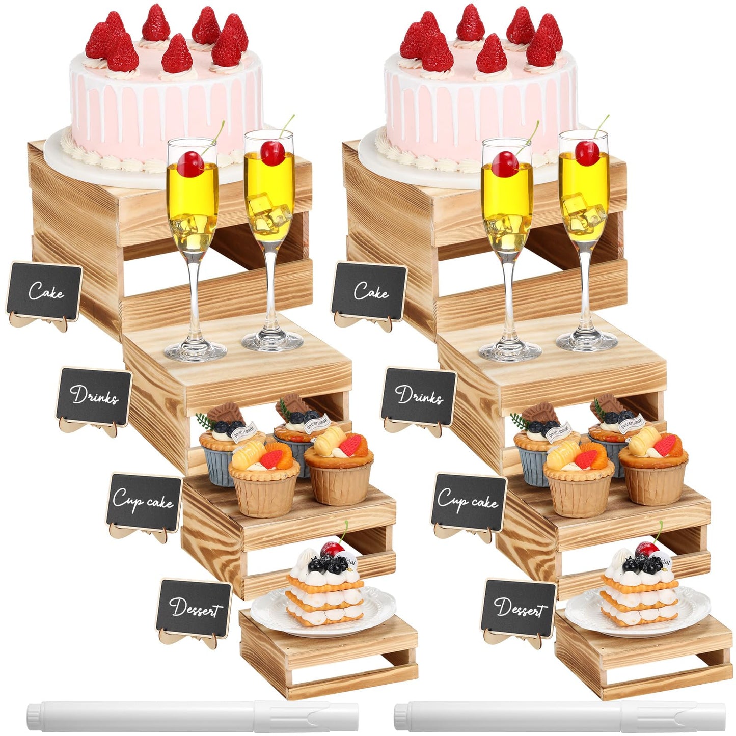 Lallisa 8 Pcs Buffet Risers with Mini Signs Bulk Wooden Food Risers for Buffet Table Rustic Wood Cake Stands Crate Dessert Display Stand with Hollow Bottoms for Wedding Birthday(Vintage Dark Brown)