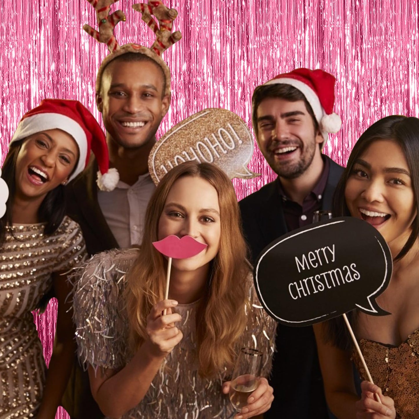 5 Pack Foil Curtain Backdrop Pink Metallic Tinsel Foil Fringe Curtains Photo Booth Props for Birthday Wedding Engagement Baby Shower Bachelorette Christmas Holiday Celebration Party Decorations