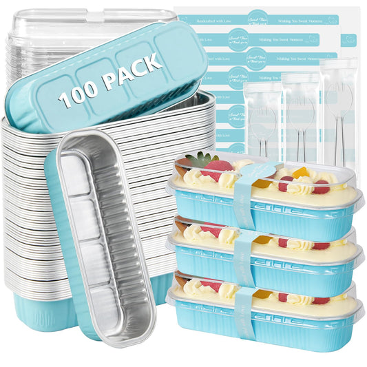 Ruckae 100 Pack Mini Loaf Pans with Lids and Spoons Disposable Aluminum Tin Foil Pans Rectangle Mini Loaf Cake Pan for Baking,Party,Picnics,Gifts Light Blue