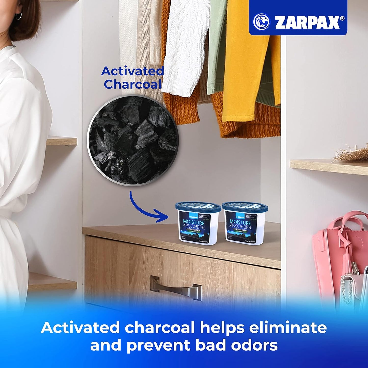 ZARPAX Activated Charcoal Moisture Absorber - Eliminates Dampness & Odors | 10.5 oz | Set of 4