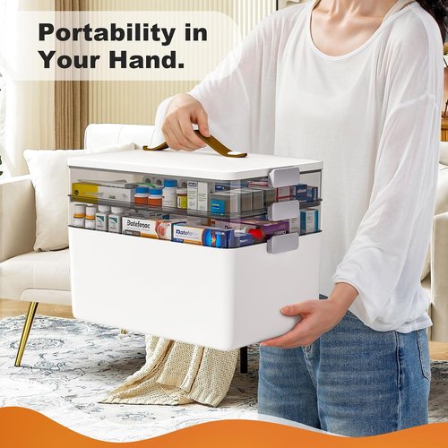 Funest 3-Tier Medicine Storage Box - Portable First Aid Kit Organizer with Removable Tray | White