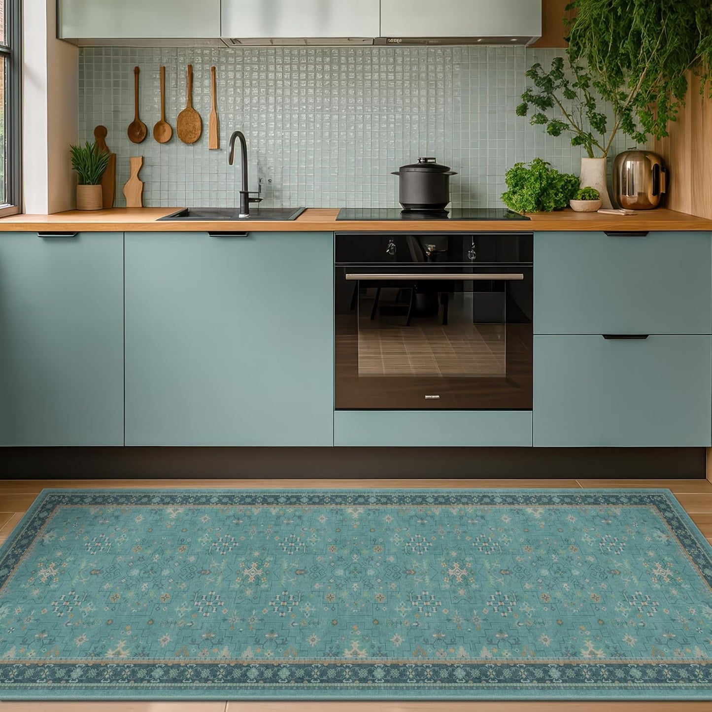 Teal Boho Kitchen Rug Runner | 2x5 Non-Slip, Washable Low Pile Soft Carpet for Bathroom & Entryway