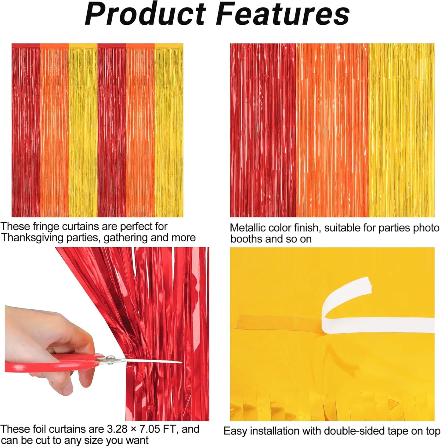 Regine Switzerland Thanksgiving Backdrop - 2 Pack Red Orange Gold Metallic Fringe Curtains | 3.28 FT x 7.05 FT Party Decor