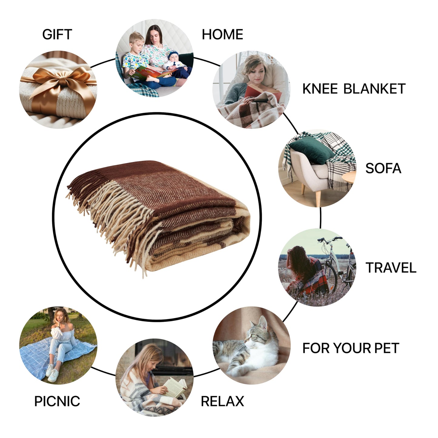 Cozy Blankets - New Zealand Virgin Wool Throw Blanket, Indoor and Outdoor Blankets and Throws, Comfortable Soft Blanket with Fringes and Tartan Pattern, 67 x 79 in, Queen Size, Brown