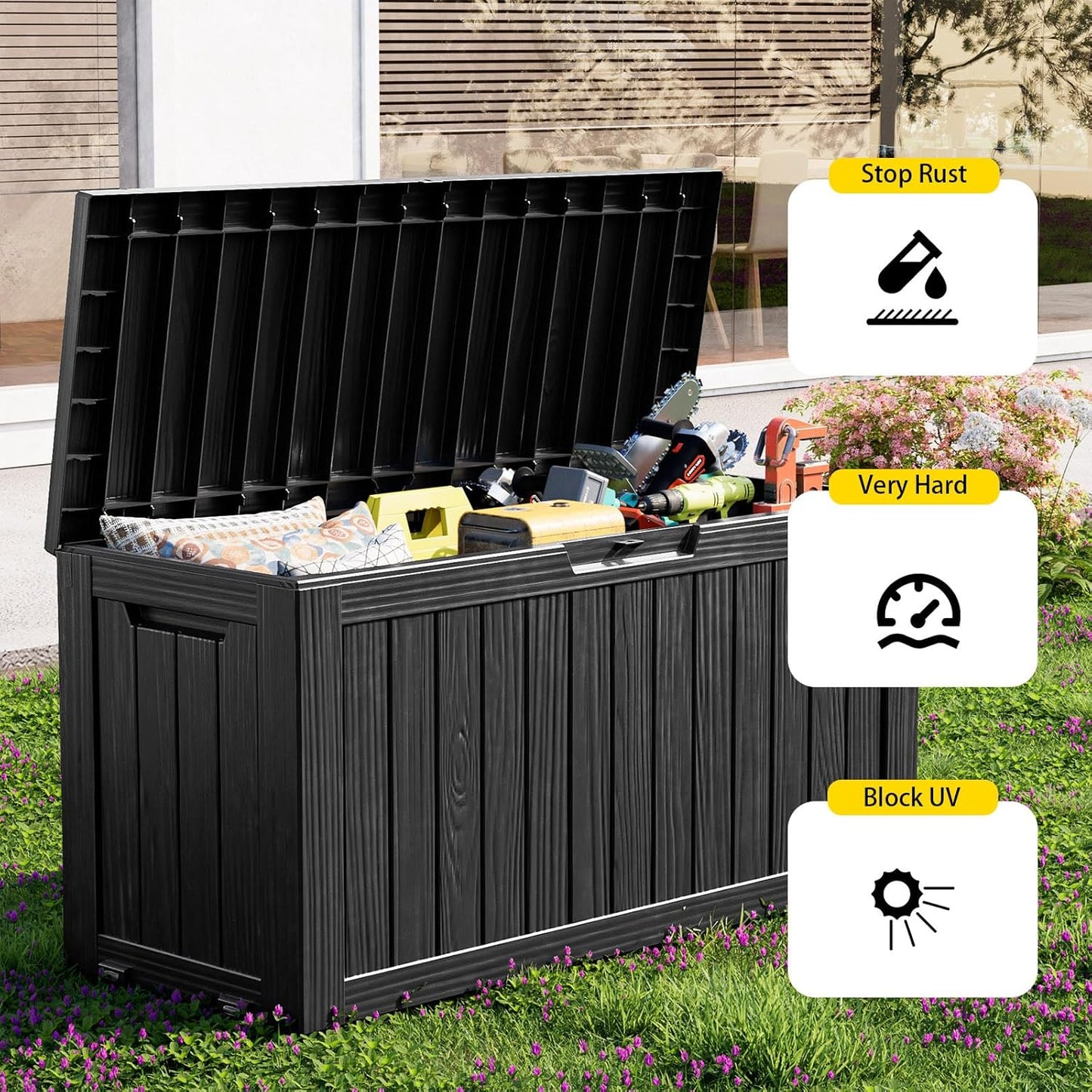 Skiennix 85 Gallon Outdoor Deck Box - Lockable Waterproof Storage for Garden Tools & Cushions | Black