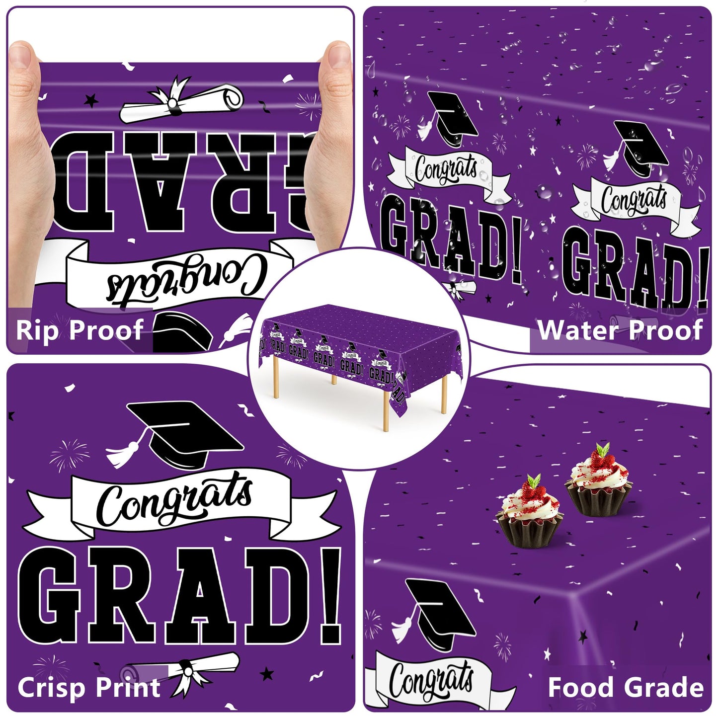 QZYL 2 Pcs Graduation Tablecloth, 108" X 54" Plastic Graduation Decorations 2026, Rectangle Purple Table Cloths for Grad Decor Party Supplies, Disposable Tablecover for Class of 2026 Congrats Grad