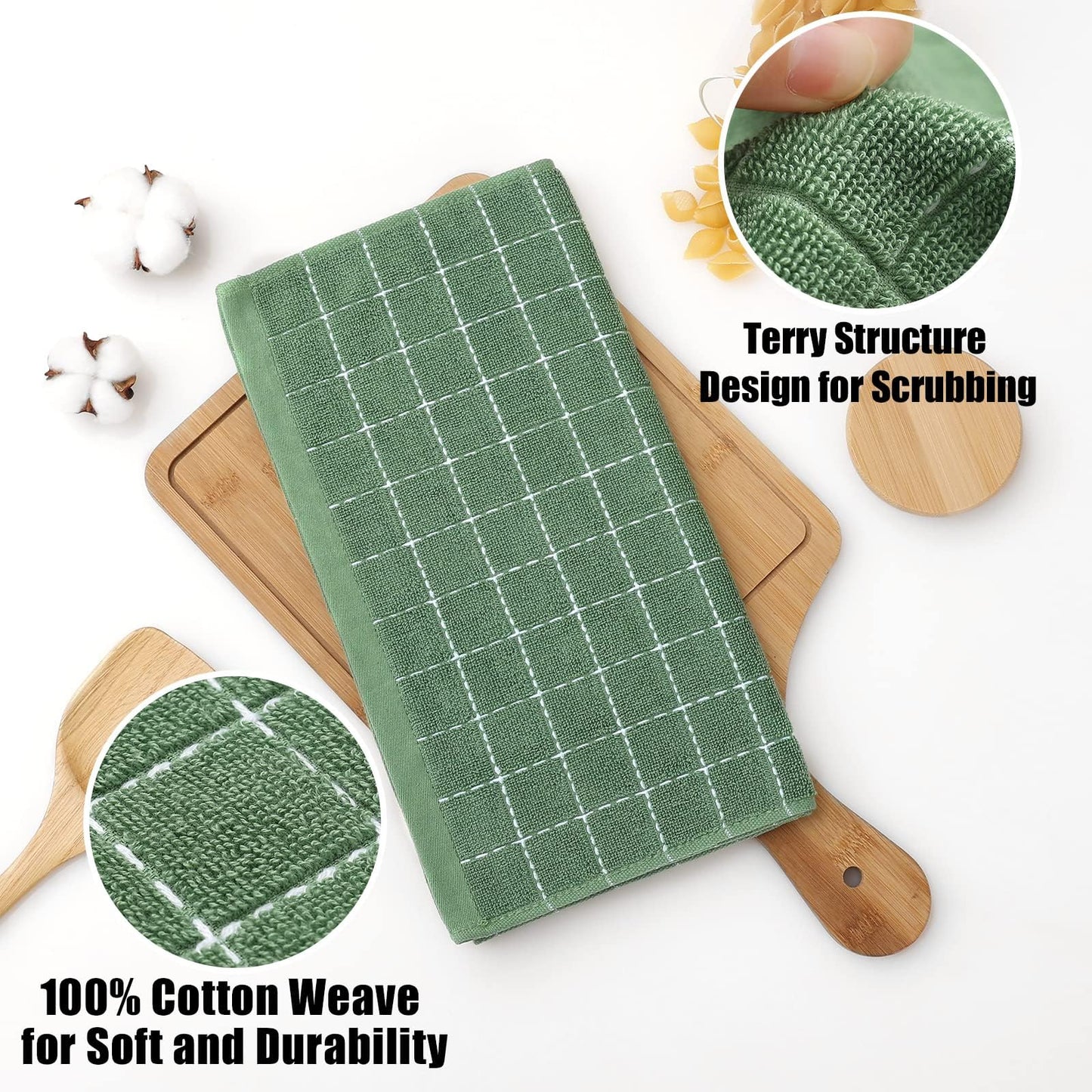 Homaxy 100% Cotton Terry Kitchen Dish Cloths, Ultra Soft and Absorbent Dish Towels for Kitchen, Suitable for Drying and Washing Dishes, 24 Pack, 12 x 12 Inches, Grass Green