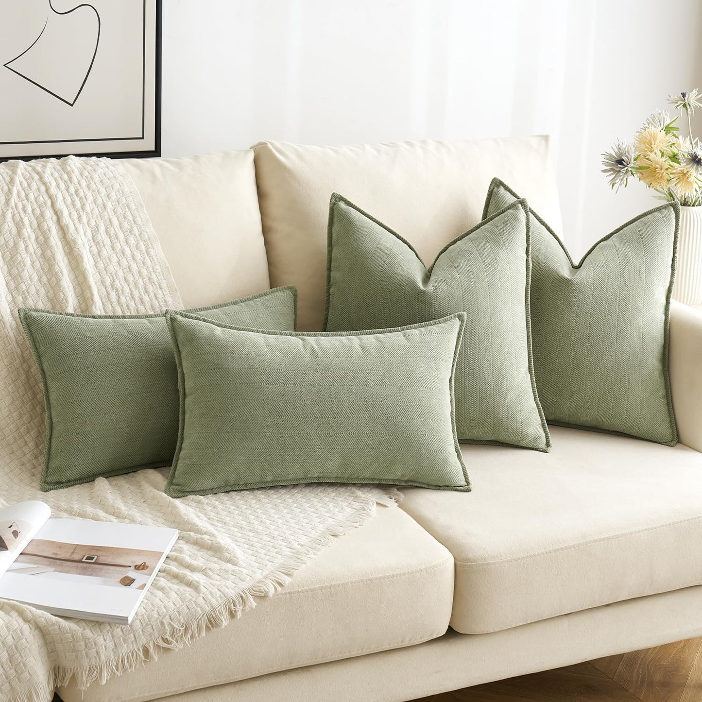 MIULEE Sage Green Decorative Pillow Covers - Luxurious Soft Chenille, 18x18 Inch | Elegant Farmhouse Cushion for Sofa & Bedroom
