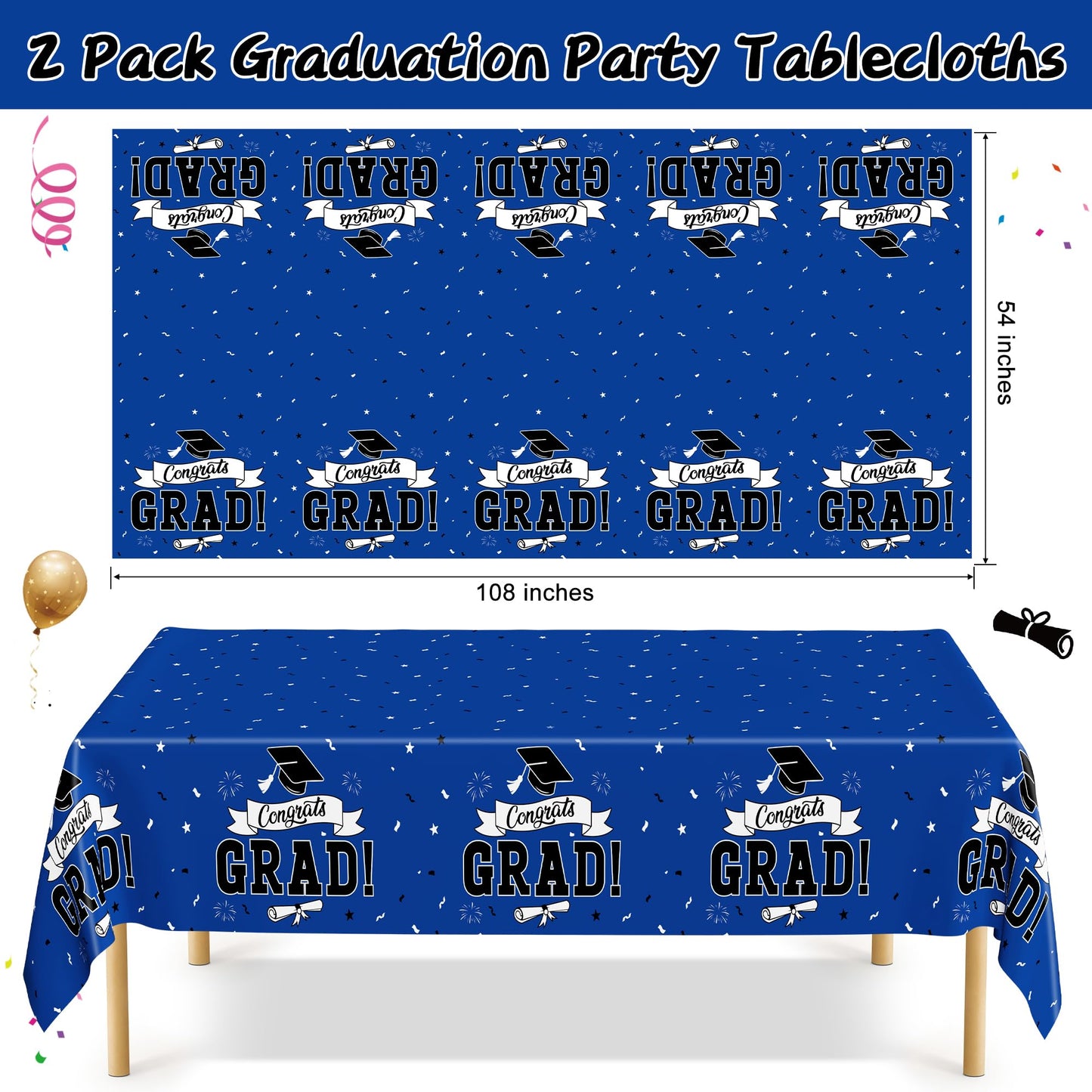 QZYL 2 PCS Graduation Decorations 2026, 108" X 54" Blue Graduation Tablecloth, Disposable Plastic Class of 2026 Tablecover, Rectangle Congrats Grad Table Cloths for Grad Decor Party Supplies