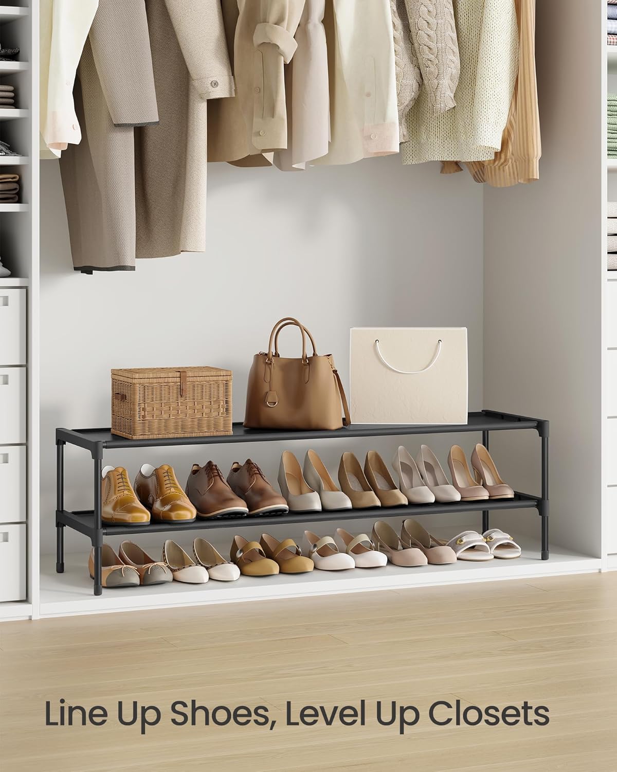 SONGMICS Shoe Rack - 2-Tier Space-Saving Organizer | Metal Frame, Non-Woven Fabric Shelves, Ink Black, 11.7 x 36.1 x 12.2 Inches