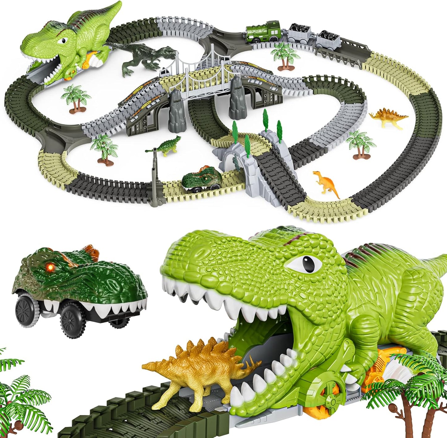 TUMAMA Dinosaur Train Set - 281 Pcs Flexible Race Track with 4 Dinosaurs & 2 Electric Cars for Kids 3-7