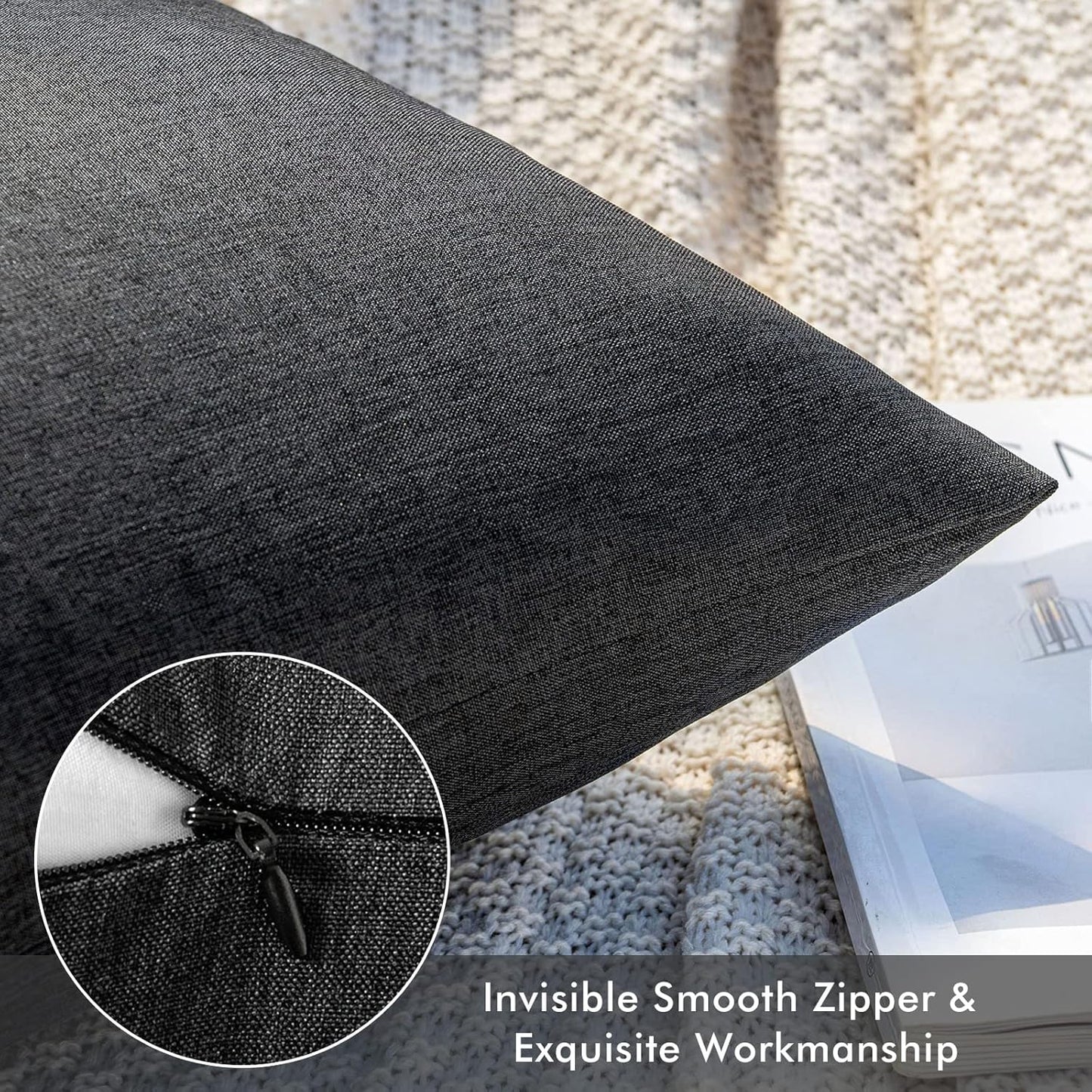 MIULEE Decorative Outdoor Throw Pillow Covers - Waterproof Faux Linen Cushion Cases | 18x18 Inch Black (Pack of 2)
