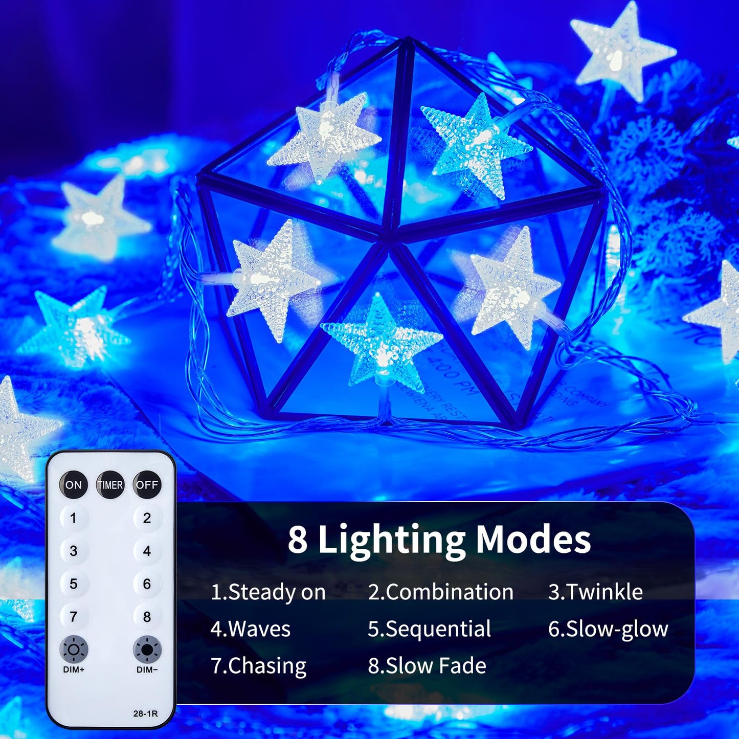 Minetom Blue and White Star String Lights Plug in - 33 ft 100 LED Star Fairy String Lights with Remote and Timer, 8 Modes Waterproof for Tent Loft Bed Backyard Patio Balcony Staircase